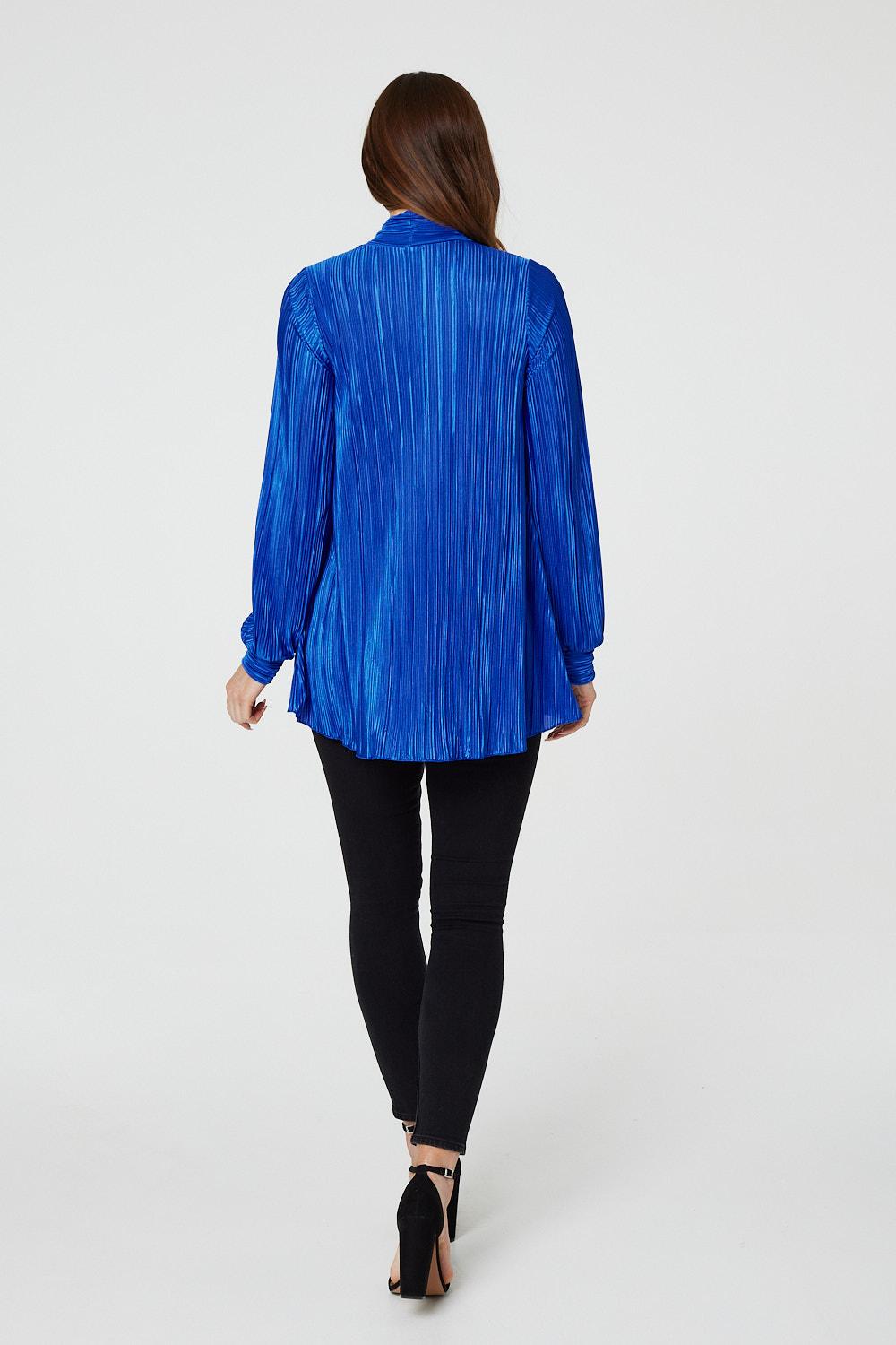 Blue | Pleated Tie Neck Relaxed Blouse