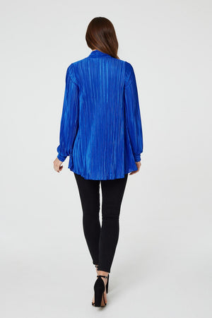 Blue | Pleated Tie Neck Relaxed Blouse