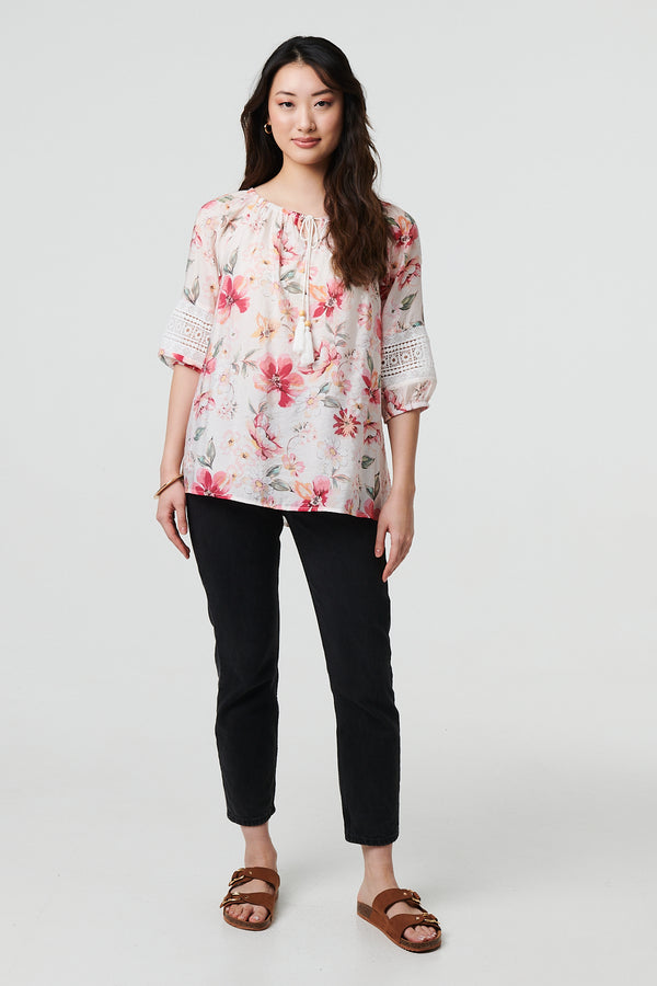 Pink | Floral Lace Trim Bardot Neck Blouse
