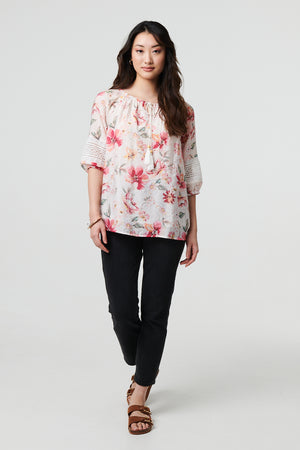 Pink | Floral Lace Trim Bardot Neck Blouse

