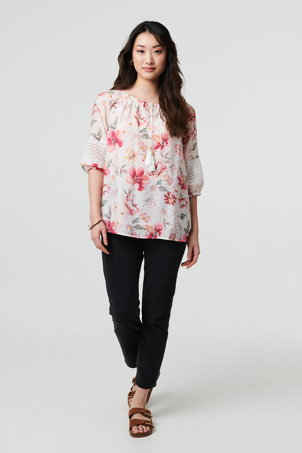 Pink | Floral Lace Trim Bardot Neck Blouse
