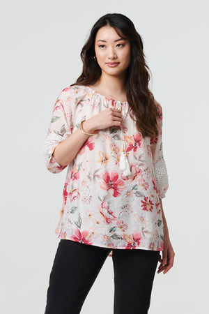 Pink | Floral Lace Trim Bardot Neck Blouse
