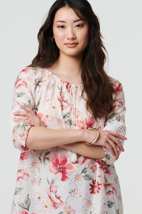 Pink | Floral Lace Trim Bardot Neck Blouse
