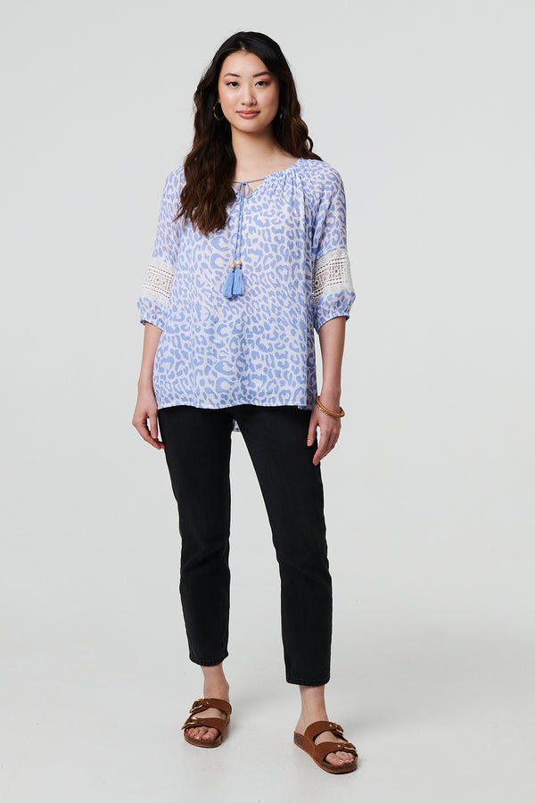 Blue | Animal Print Tassel Bardot Neck Blouse

