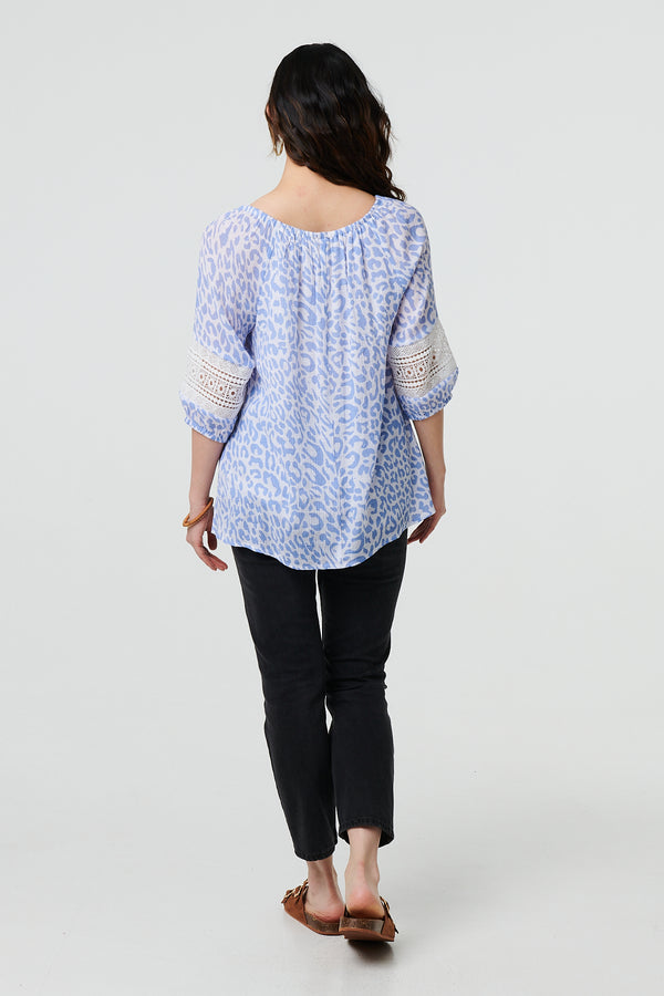 Blue | Animal Print Tassel Bardot Neck Blouse
