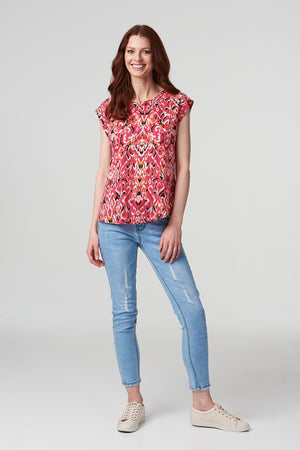 Pink | Ikat Print Turn-Up Sleeve Top