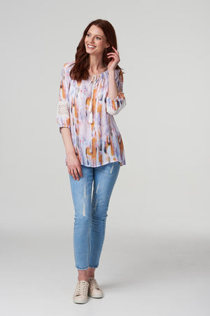 Orange | Tie Dye Crochet Trim Blouse Top