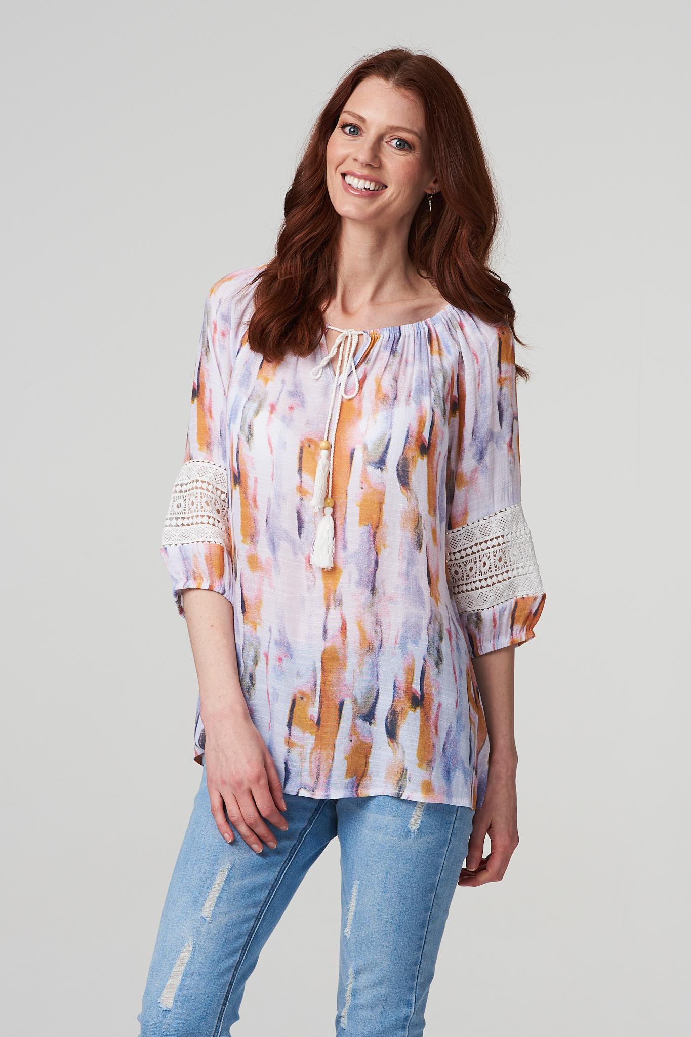 Orange | Tie Dye Crochet Trim Blouse Top