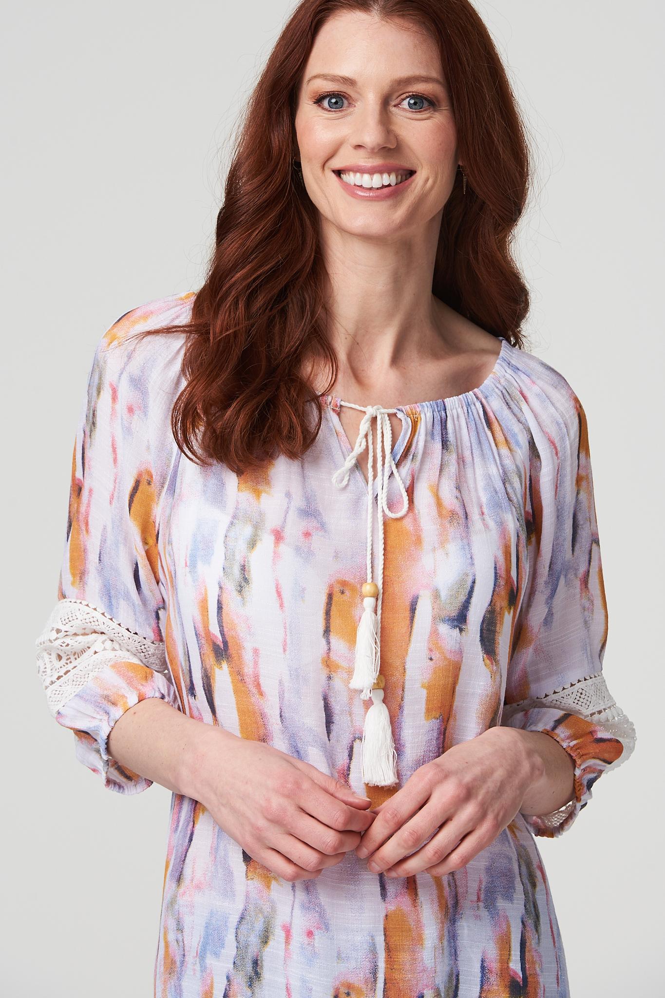Orange | Tie Dye Crochet Trim Blouse Top