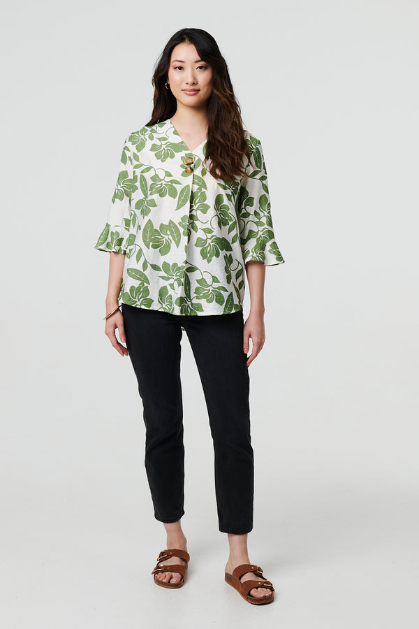 Sage | Leaf Print 3/4 Flare Sleeve Blouse
