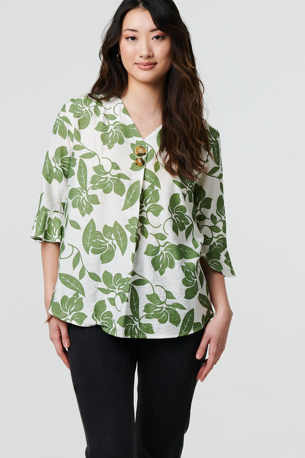 Sage | Leaf Print 3/4 Flare Sleeve Blouse
