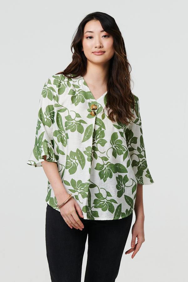 Sage | Leaf Print 3/4 Flare Sleeve Blouse
