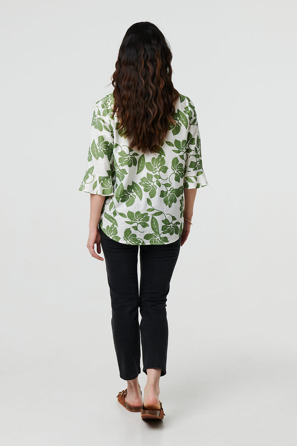 Sage | Leaf Print 3/4 Flare Sleeve Blouse
