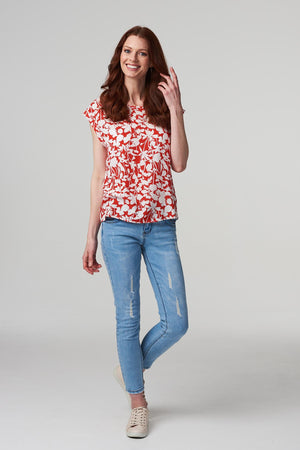 Red | Leaf Print Turn-Up Sleeve Top