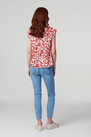Red | Leaf Print Turn-Up Sleeve Top