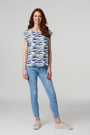 Navy | Printed Turned-Up Sleeve Top