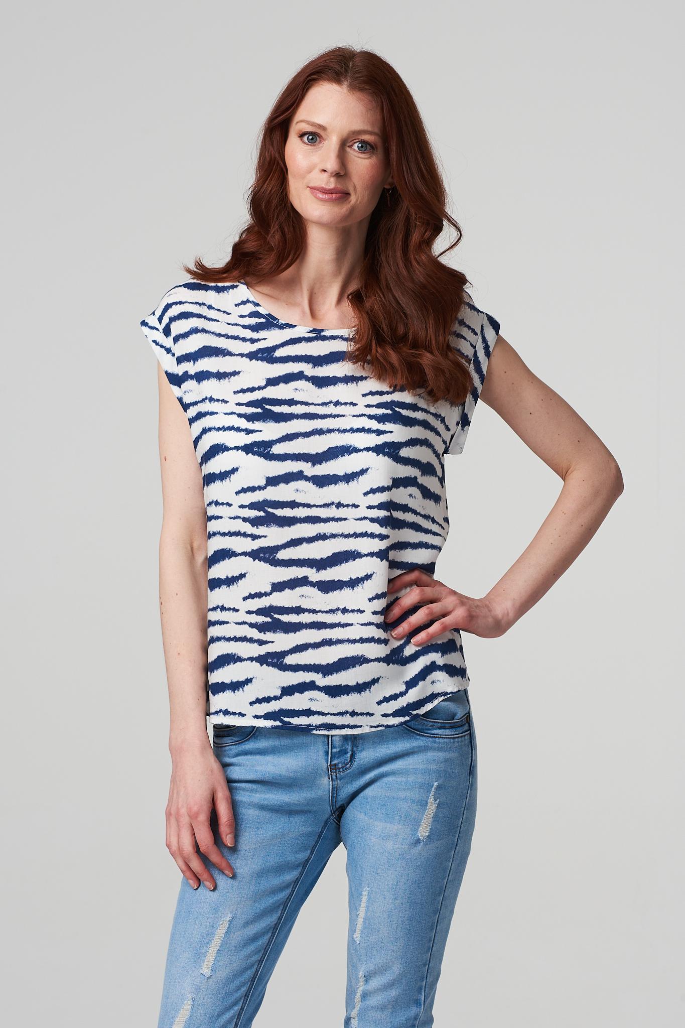 Navy | Printed Turned-Up Sleeve Top