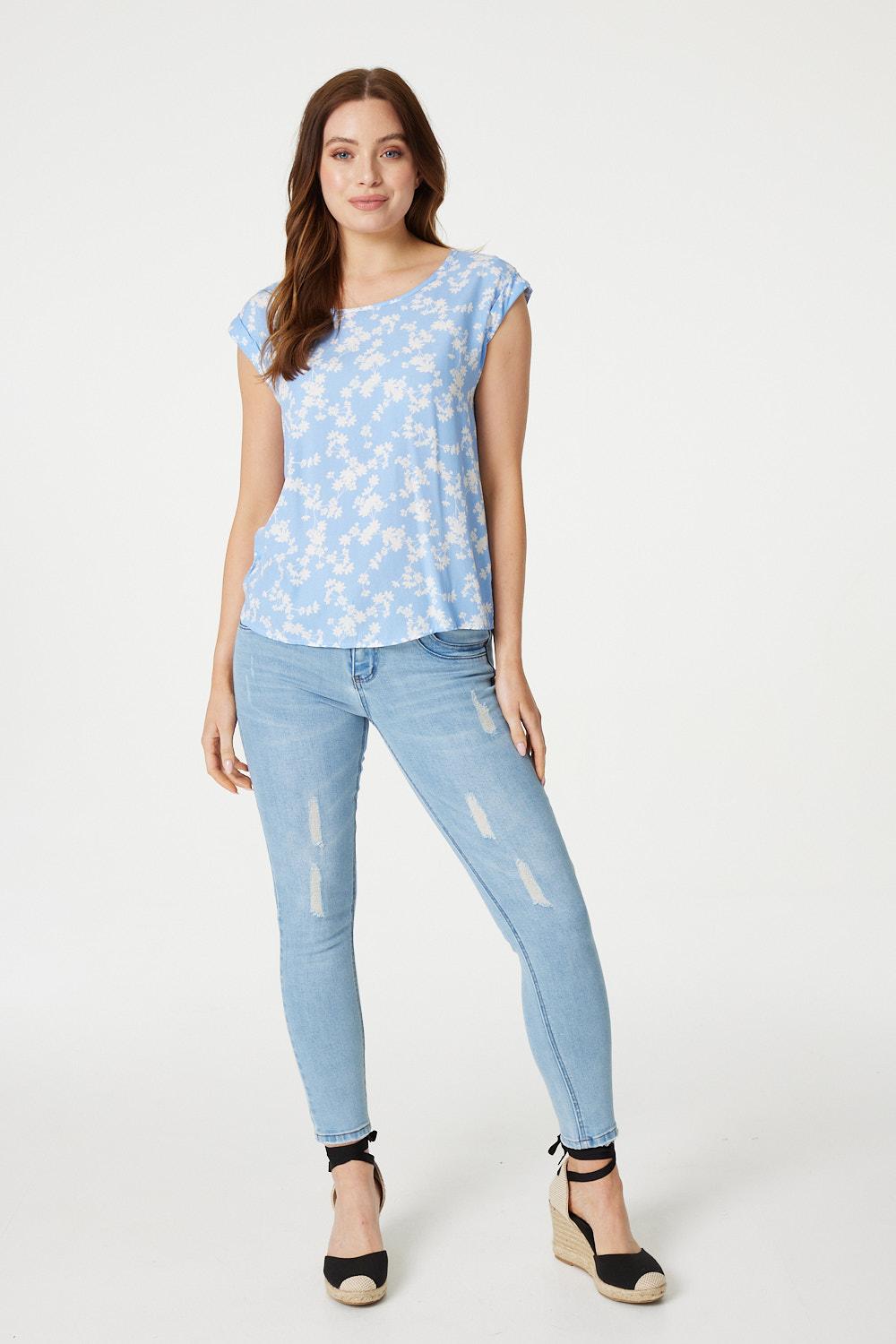 Blue | Floral Cap Sleeve Relaxed T-Shirt