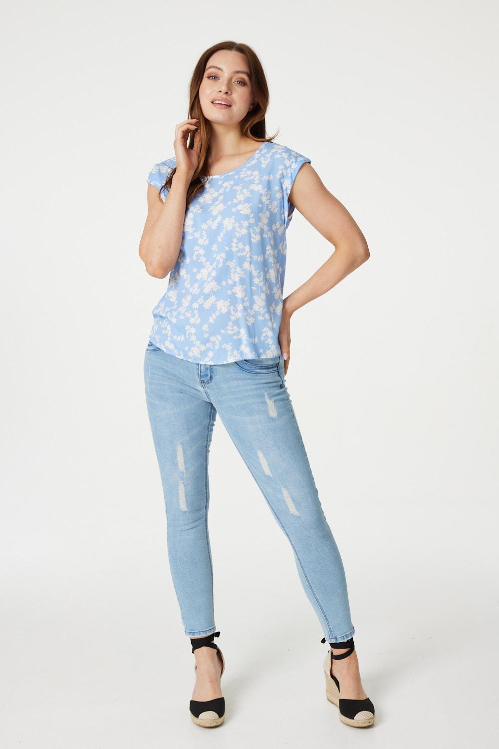 Blue | Floral Cap Sleeve Relaxed T-Shirt