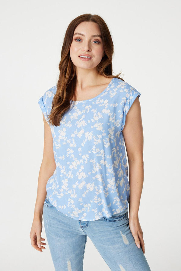 Blue | Floral Cap Sleeve Relaxed T-Shirt
