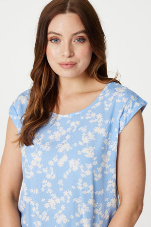 Blue | Floral Cap Sleeve Relaxed T-Shirt