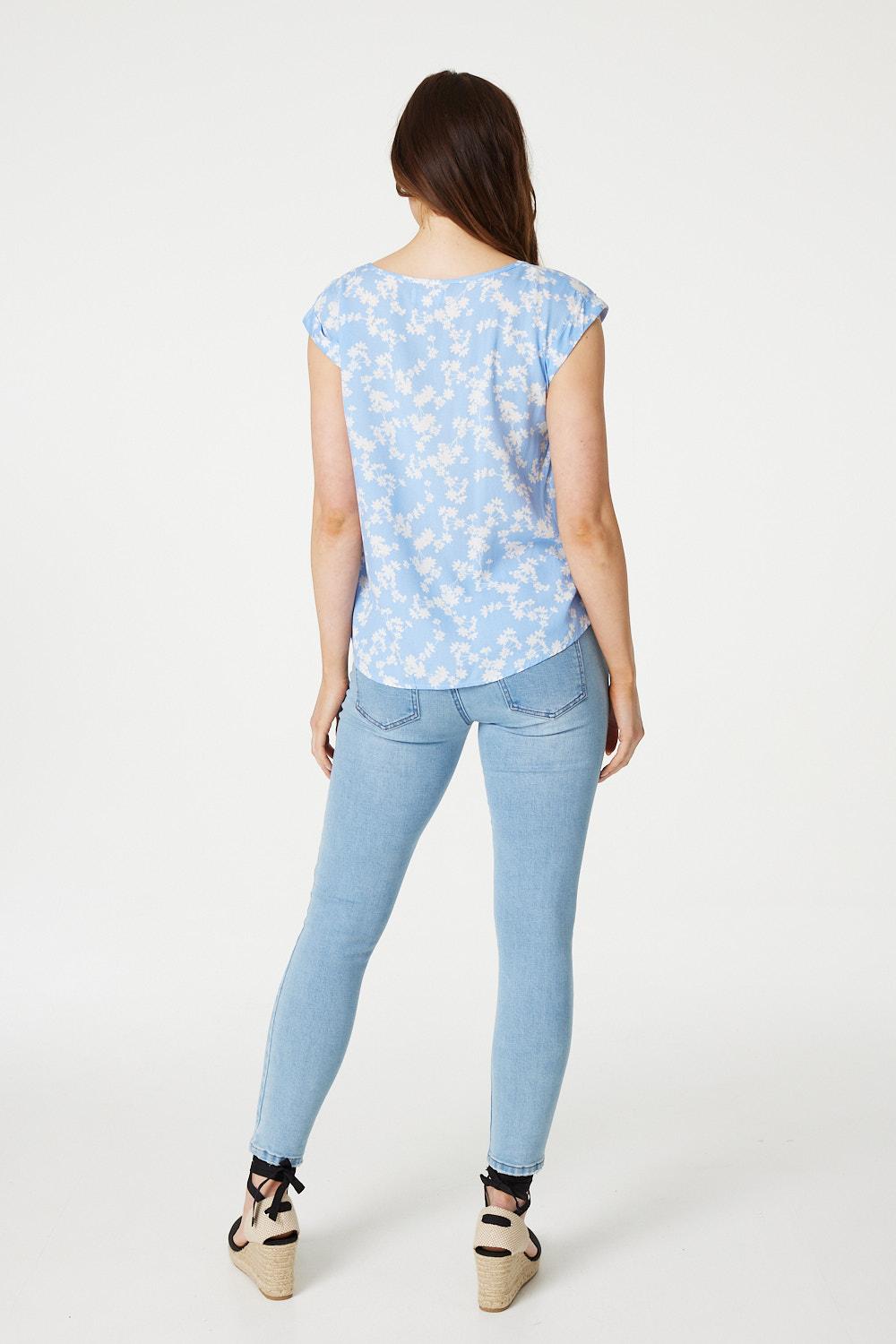 Blue | Floral Cap Sleeve Relaxed T-Shirt