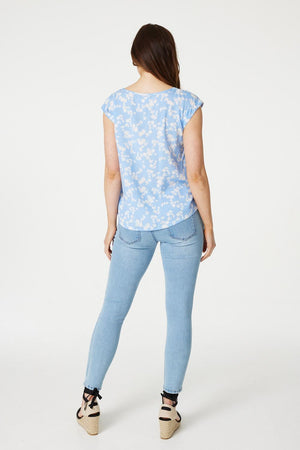 Blue | Floral Cap Sleeve Relaxed T-Shirt