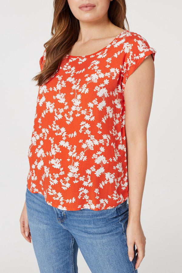 Orange | Floral Cap Sleeve Relaxed T-Shirt