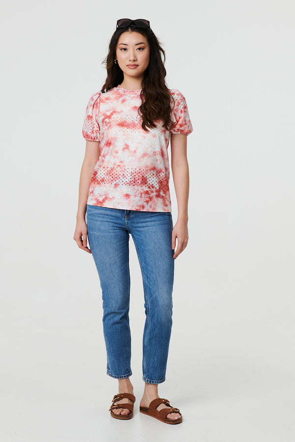Orange | Tie Dye Cut Out Texture Short Sleeve Top
