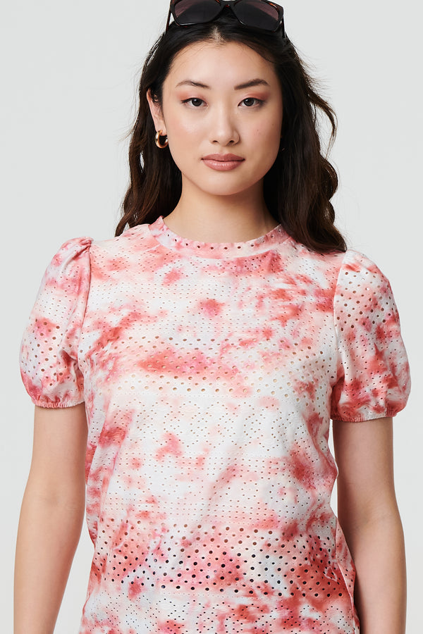 Orange | Tie Dye Cut Out Texture Short Sleeve Top
