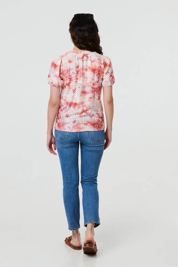 Orange | Tie Dye Cut Out Texture Short Sleeve Top
