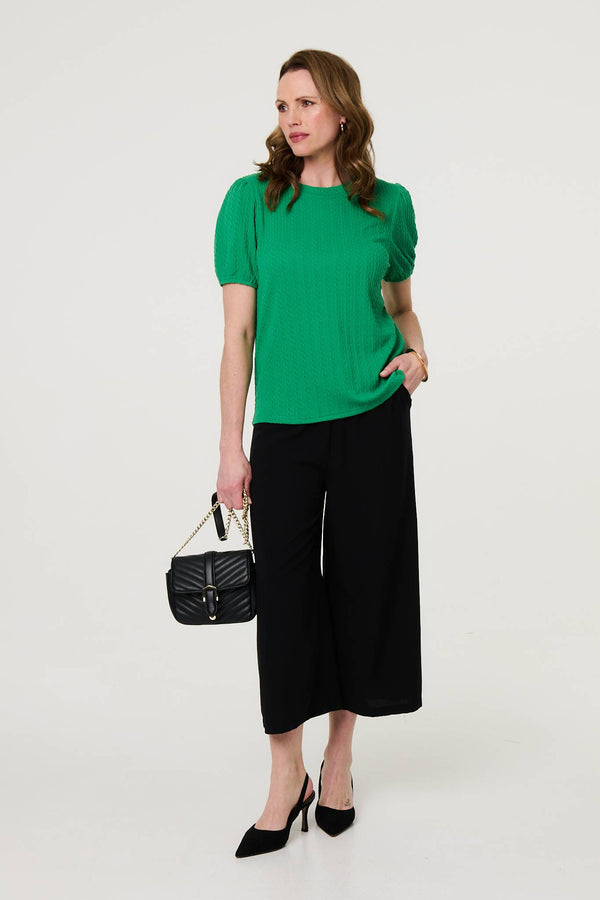 Green | Textured Knit Short Puff Sleeve Top
