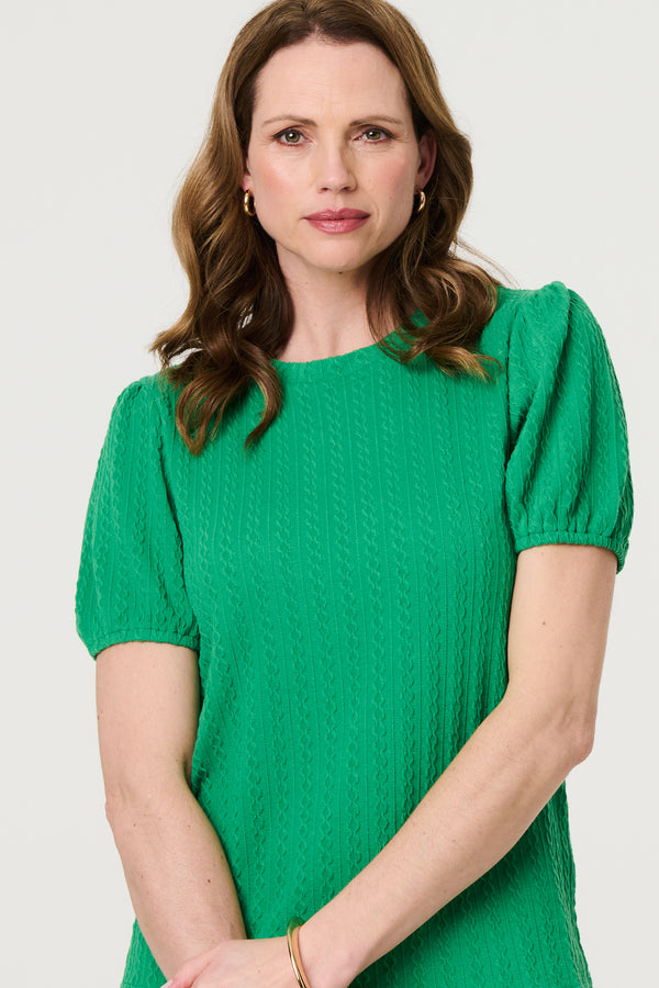 Green | Textured Knit Short Puff Sleeve Top

