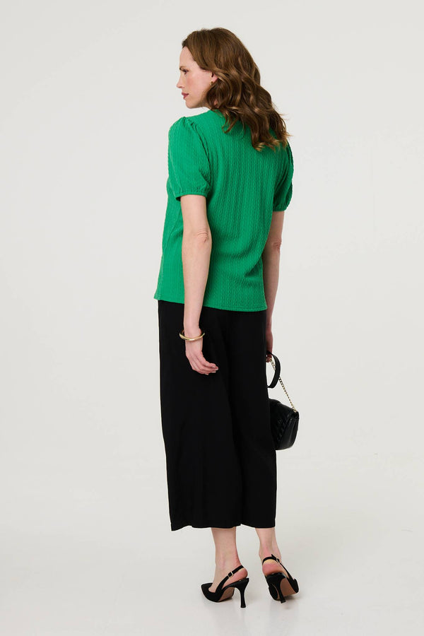 Green | Textured Knit Short Puff Sleeve Top
