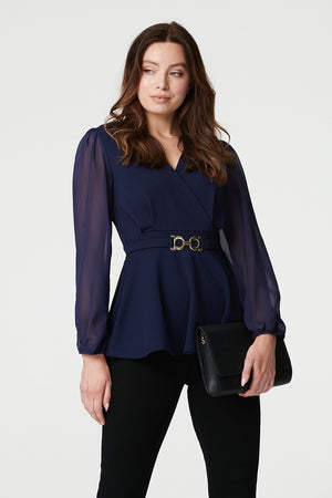 Navy | Sheer Sleeve Wrap Front Blouse : Model is 5'9