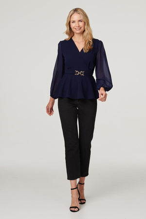 Navy | Sheer Sleeve Wrap Front Blouse