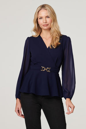 Navy | Sheer Sleeve Wrap Front Blouse : Model is 5'10