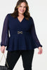 Navy | Sheer Sleeve Wrap Front Blouse : Model is 5'8