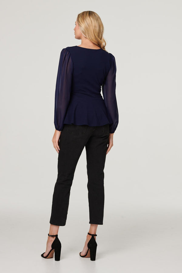 Navy | Sheer Sleeve Wrap Front Blouse