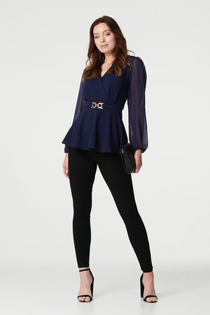 Navy | Sheer Sleeve Wrap Front Blouse