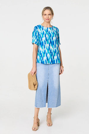 Blue | Printed 1/2 Turn-Up Sleeve Blouse