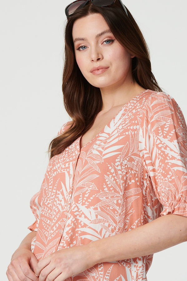 Pink | Leaf Print Puff 1/2 Sleeve Blouse