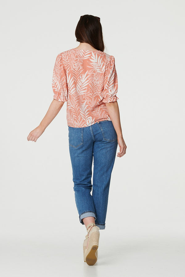 Pink | Leaf Print Puff 1/2 Sleeve Blouse