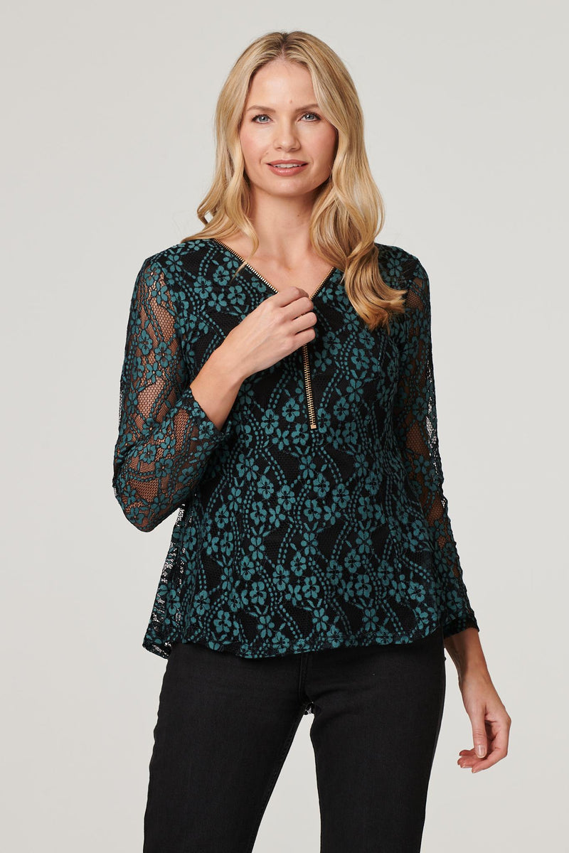 Dark Green | Floral Lace Zip Front Top