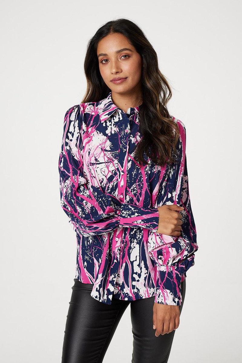 Navy | Abstract Print Puff Sleeve Blouse