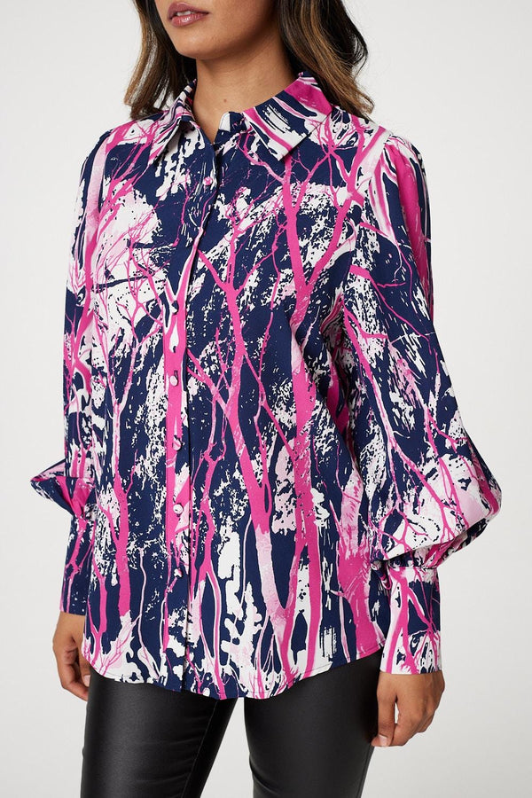 Navy | Abstract Print Puff Sleeve Blouse