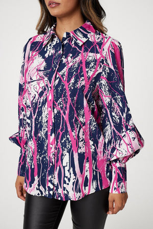 Navy | Abstract Print Puff Sleeve Blouse