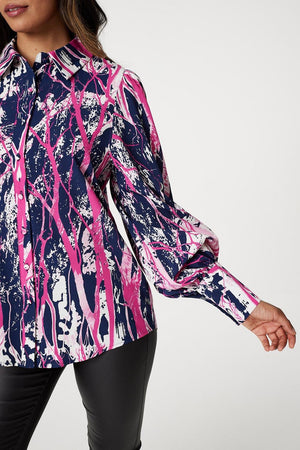 Navy | Abstract Print Puff Sleeve Blouse
