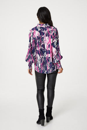 Navy | Abstract Print Puff Sleeve Blouse