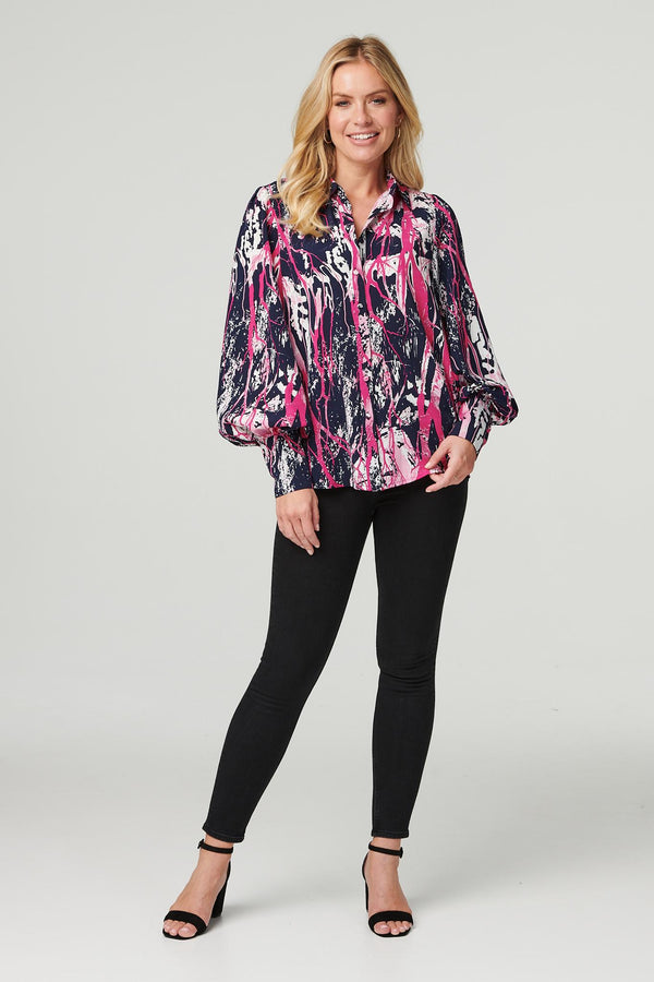 Navy | Abstract Print Puff Sleeve Blouse : Model is 5'10"/178 cm and wears UK8/EU36/US4/AUS8